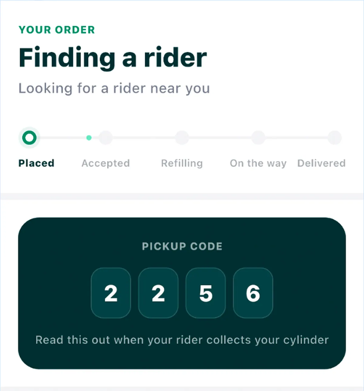 The DelivGas app tracking an order, with progress from Placed to Delivered and a four-digit pickup code